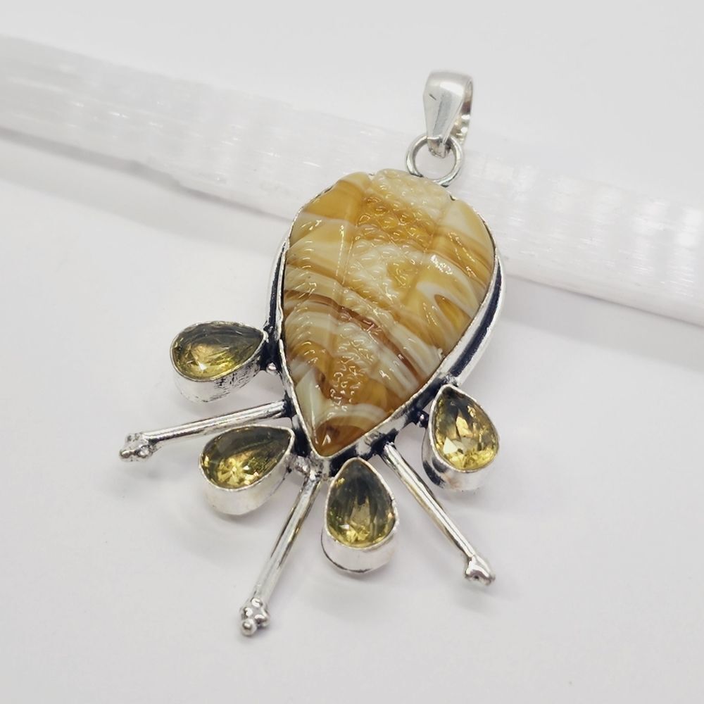 Carved Botswana Agate Citrine Ethnic Handmade Pendant Jewelry 2.72"
